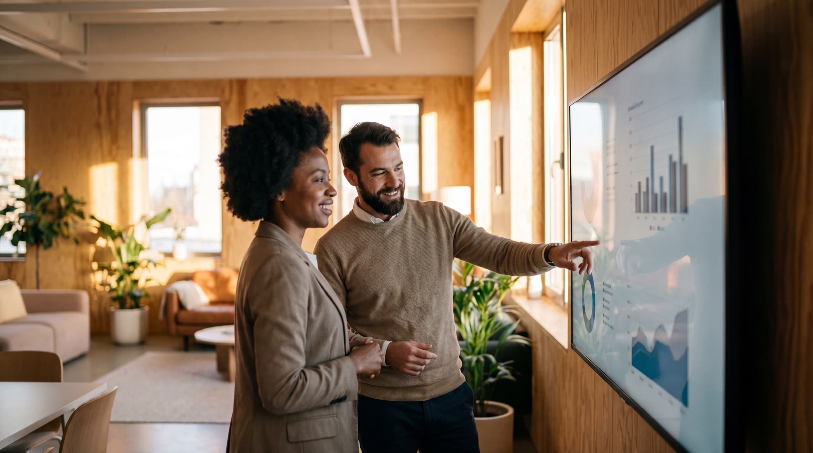 Two professionals reviewing results on a dashboard after an Avencor project